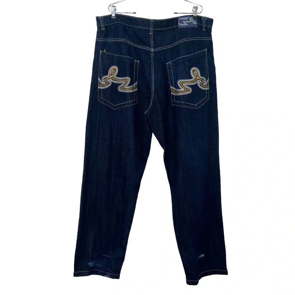VTG EVOLUTION in Design Jeans Men 40X33 Blue Gold Pocket Embroidery Wide Leg Y2K